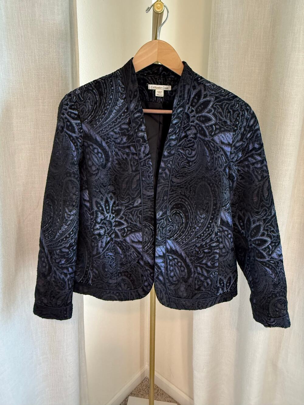 Coldwater Creek Blazer Jacket Women's SZ PM 10-12 Black/Blue Paisley Jacquard